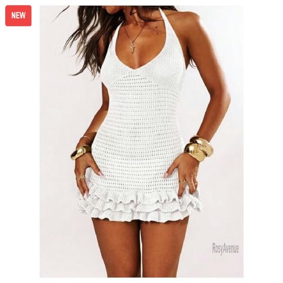 Crochet Halter Mini Dress Backless Bodycon Summer Knit - Picture 5 of 6